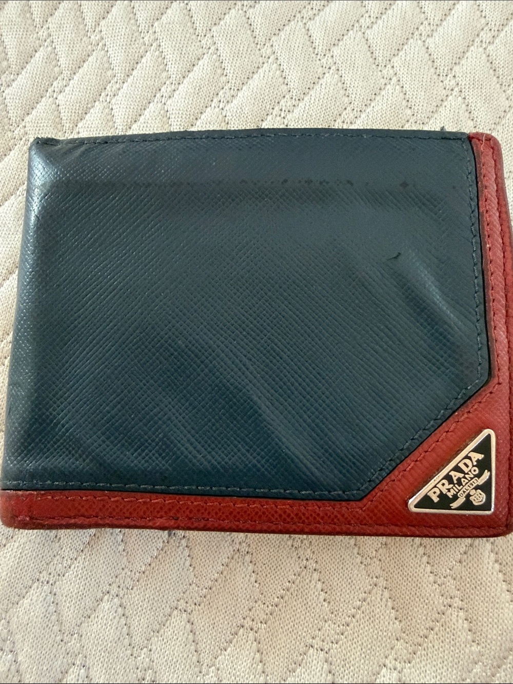 PRADA Saffiano Bi-Fold Wallet Baltico Fuoco Blue and red